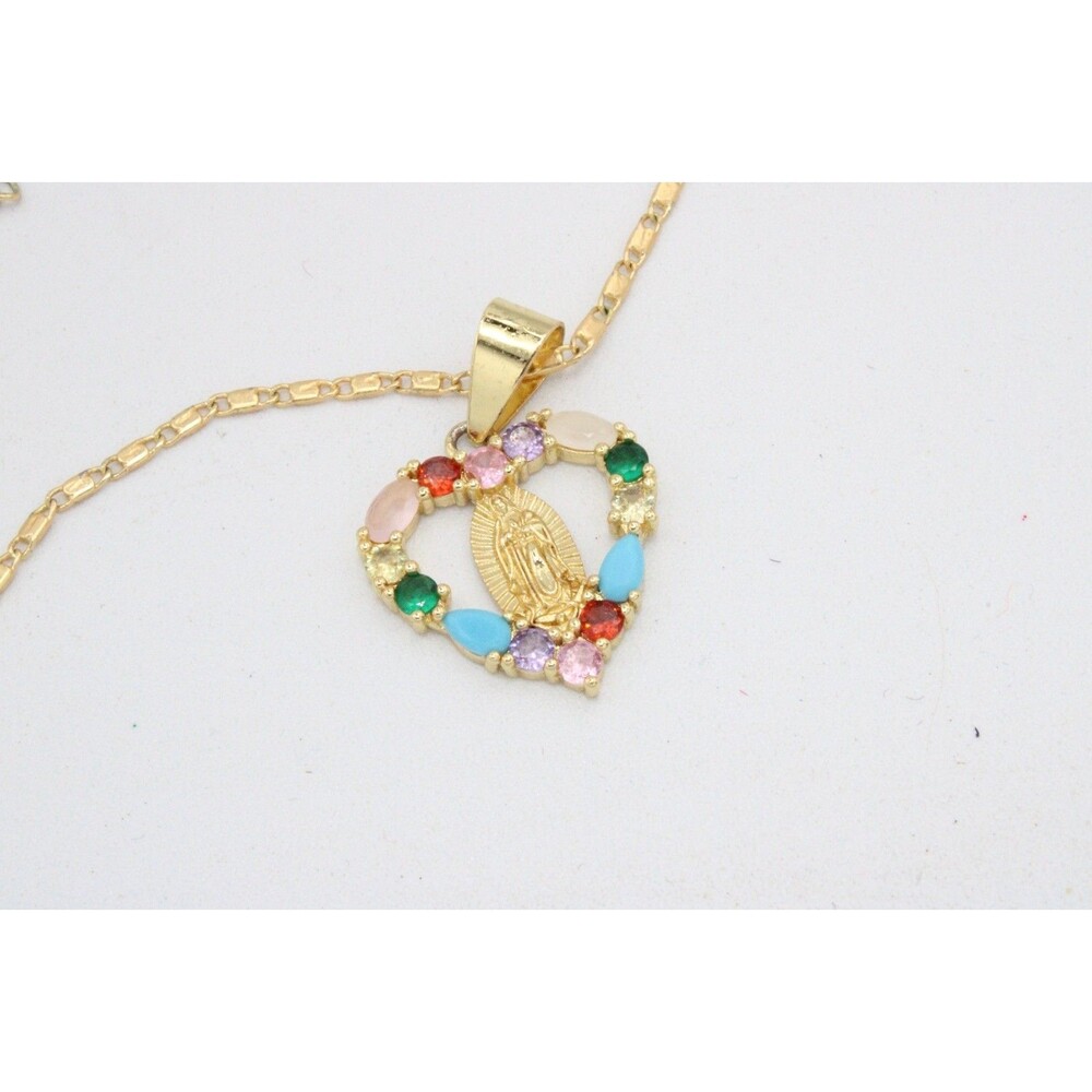 Gold Tone Virgin Mary Heart Pendant Necklace Gemstones Catholic Valentina Chain